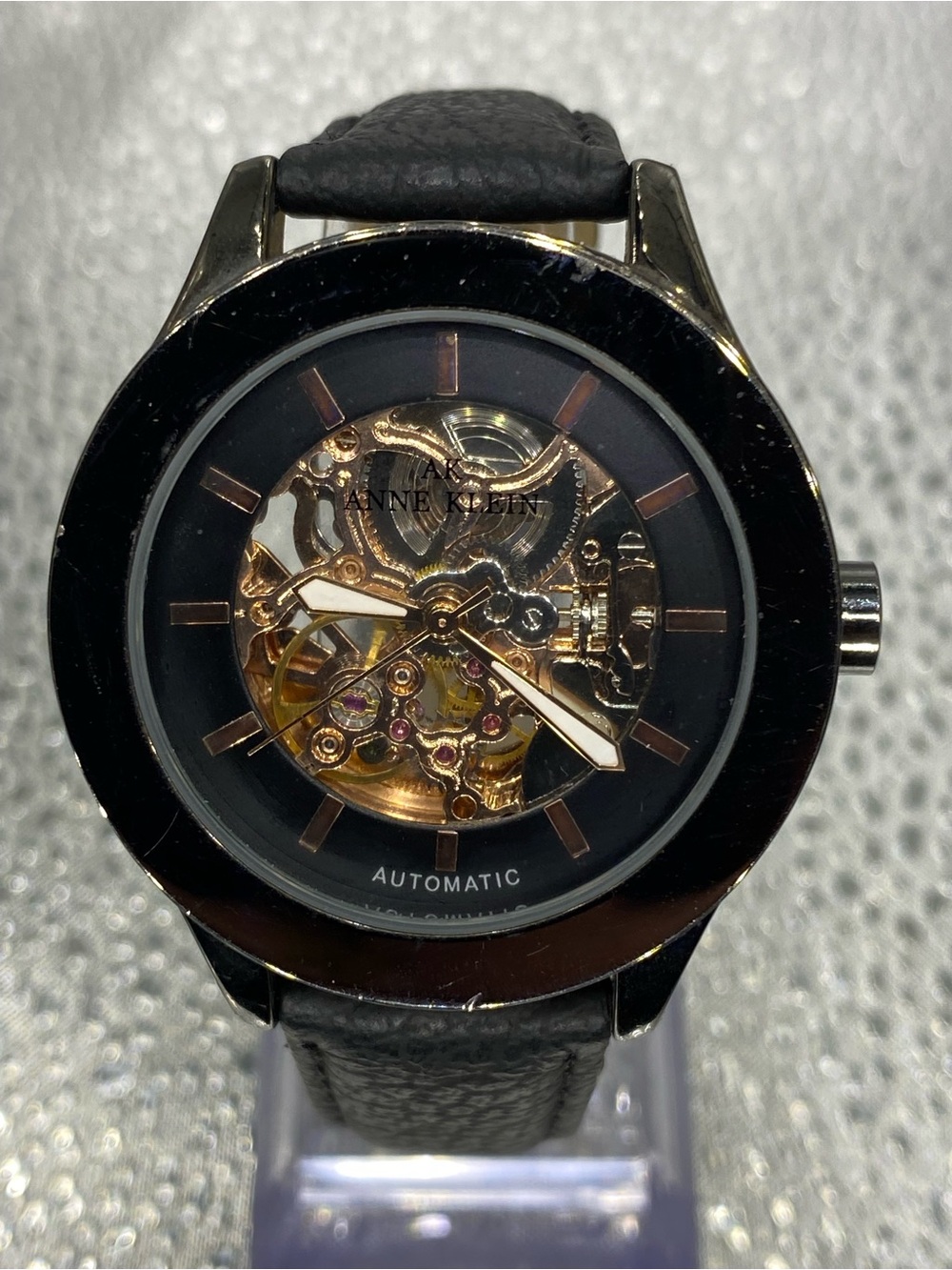 Men’s ^^^ Anne Klein *** Black Leather Skeleton Automatic Watch ***
